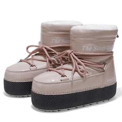 Women Snow Boots TPR Non-Slip Warm Faux Fur Lining Lace-Up Waterproof Boots with Removable Plush Lining - 34/35