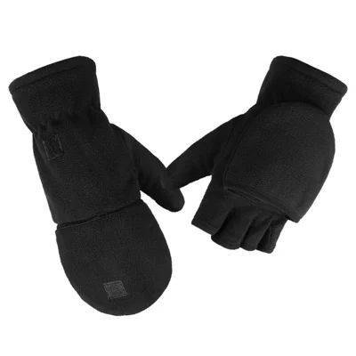 1 Par de Guantes de Vellón Polar de Invierno Negro Guantes de Medio Dedo Cálidos Con Tapa de la Aleta - M