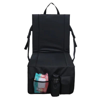 Portable Backrest Chair Seat Cushion Outdoor Camping Park Seat Mat with Lower Storage Pockets - Black