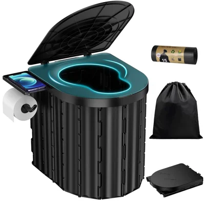 Portable Toilet for Camping Travel Toilet Commode Bucket with 12Pcs Garbage Bag - Black