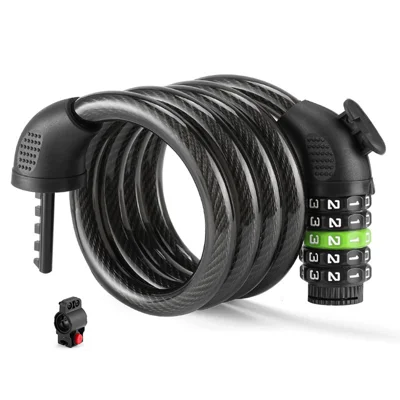 BENGGUO Cerradura para bicicleta con combinación de 5 dígitos, cable de acero grueso, bloqueo de seguridad antirrobo con soporte - Negro