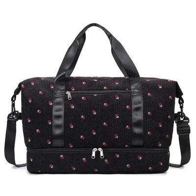 Strawberry Print Expandable Gym Duffel Bag Oxford Cloth Travel Weekender with Shoe Compartment - Black
