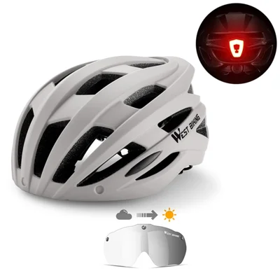 WEST BIKING YP1602564 Photochromic Lens Detachable Goggles PC Shell Cycling Helmet with Tail Light - Light Grey
