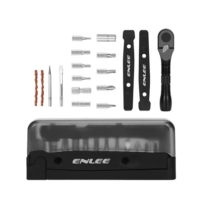 ENLEE Multifunctional Bike Repair Ratchet Wrench Set Portable Tire Maintenance Tool with Flip-top Storage Box - Black