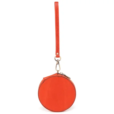 K058 Top Layer Cowhide Coin Purse Portable Mini Round Zipper Wallet Storage Bag with Strap - Orange