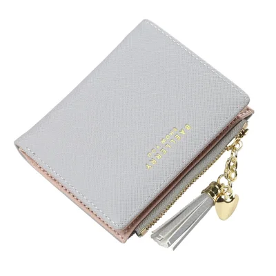 BAELLERRY DR028 Cross Texture PU Leather Women Short Wallet Tassel Zipper Design Cards Cash Holder Purse - Grey