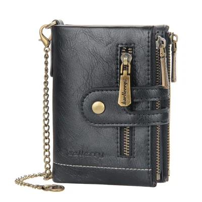 BAELLERRY D3226 Portefeuille court pour hommes en cuir PU Porte-cartes de crédit avec fermeture éclair Poche à monnaie avec chaîne - Noir