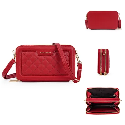 BAELLERRY N8332 Women PU Leather Dual Zipper Crossbody Bag Multiple Card Slots Phone Cash Holder Purse - Red