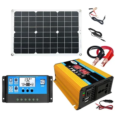 Power Inverter 18W Solar Panel 30A LCD Display Solar Controller 300W Car RV Power Converter - Yellow / 12V to 220V