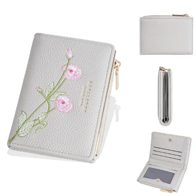 BAELLERRY N8344 Small Wallet Floral Embroidery PU Leather Zipper Pocket Coin Purse Card Holder - White