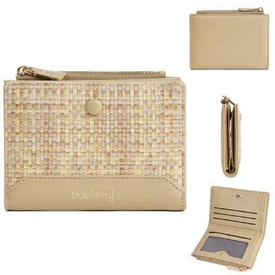 BAELLERRY N5121 Women Bi-Fold Short Wallet Woven Texture PU Leather Zipper Coin Purse - Apricot
