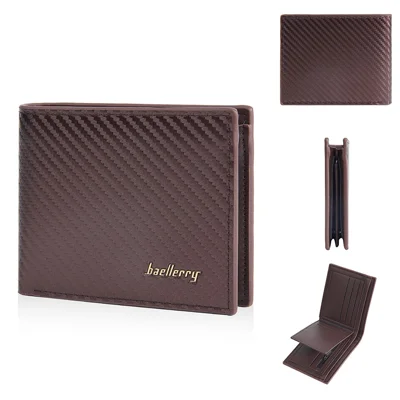 BAELLERRY D2396 Slim Bifold Wallet Zippered Card Holder Carbon Fiber Pattern Purse - Coffee