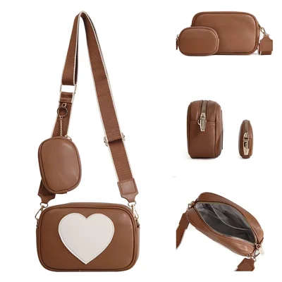 BAELLERRY N8936 Crossbody Bag Heart Pattern Women Ladies Shoulder Bag with Small Bag - Brown