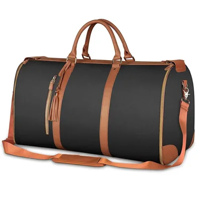 Travel Garment Bag Portable Luggage Organizer Large Capacity PU Leather Duffel Bag - Black / Brown