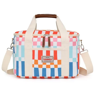 SANNE 22003 15L Oxford Fabric Cooler Bag Beach Print Handheld Outdoor Insulated Lunch Bag - Grids