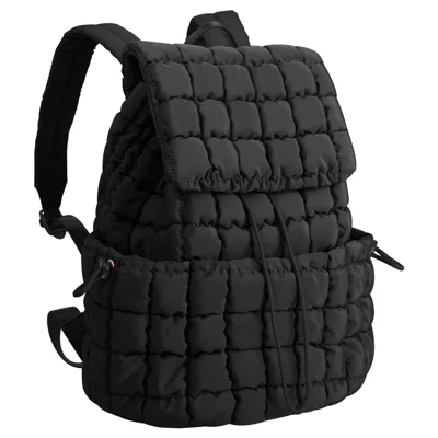 Women Down Plaid Backpack Crinkle Design Large Capacity Lightweight Travel Bag - Black