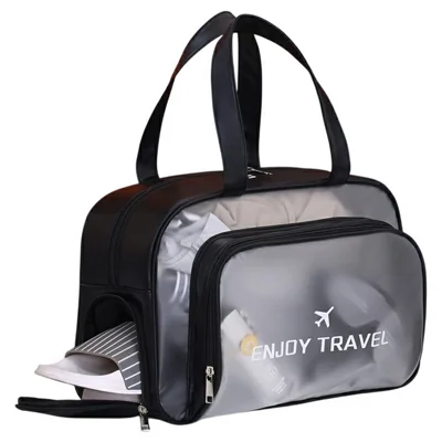 9015 PU Leather+PVC Dual Layer Travel Fitness Swimming Gym Bag Waterproof Toiletry Bag with Shoe Compartment - Black