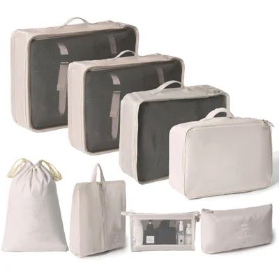 8Pcs / Set Portable Travel Business Trips Organizer Foldable Clothes Shoes Cosmetic Storage Bags - Beige
