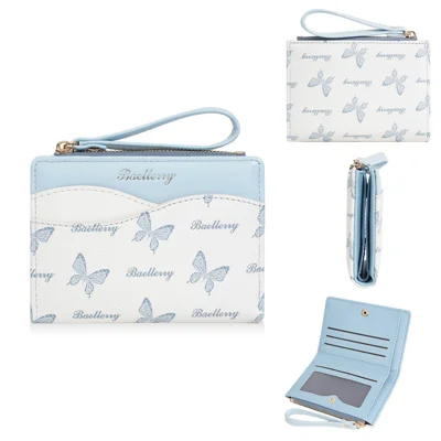 BAELLERRY N8355 Short Wallet Coin Purse PU Leather Butterfly Design Contrast Color Portable Money Bag - Baby Blue
