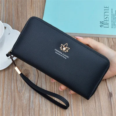 x001-11 Leaf Shape Metal Decor Litchi Texture PU Leather Cellphone Purse Women Clutch Long Wallet with Hand Strap - Black