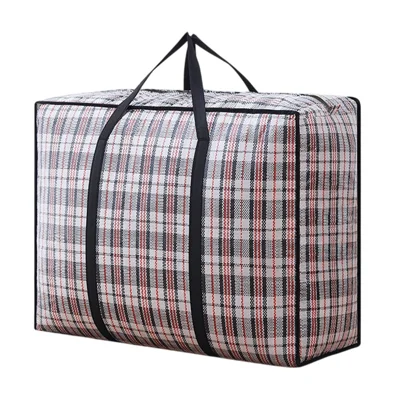 Size S Moisture Proof Grid Pattern Woven Storage Bag for Moving Clothes Bedding Organization, 50 x 32 x 23cm - Black