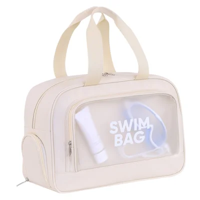 9018 Gym Beach Travel Tote Bag PU Leather + PVC Dry Wet Separation Sports Bag with Shoe Compartment - Beige