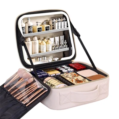 PU Leather Makeup Case Detachable LED Mirror with Stand Makeup Brush Organizer Portable Cosmetic Box - Beige