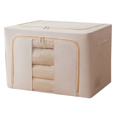 Foldable Storage Box 66L Cotton Linen with Steel Frame for Clothes Quilts Coats Organization - 5140