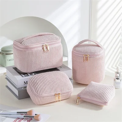 4Pcs Makeup Bag Set Travel Cosmetic Organizer Large Capacity Portable Flannel Storage Pouch - Pink