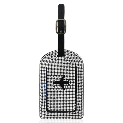Rhinestones Decor PU Leather Luggage Tag for Suitcase Baggage Label Address Name Card Tag with Privacy Protection Cover - White