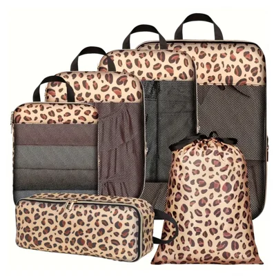6 stk / sæt leopardprint rejsepackningstaske til bagage, nylon kompressionstaske, tøj og toiletartikler opbevaringstaske - brun