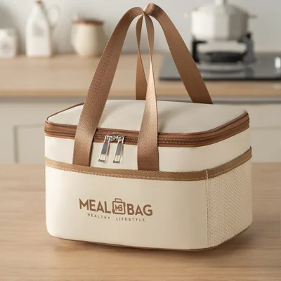 Bolsa Térmica para Almoço 24,5 x 17 x 15 cm, Folha de Alumínio Reforçada, Impermeável, Porta-marmita para Trabalho / Escola - Bege