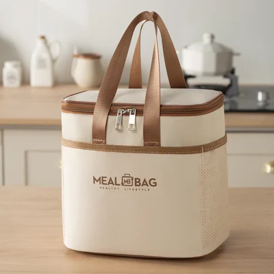 Bolsa Térmica Isolada de 25 x 17 x 24 cm, com Revestimento de Alumínio Reforçado, Impermeável, para Almoço / Escola - Bege