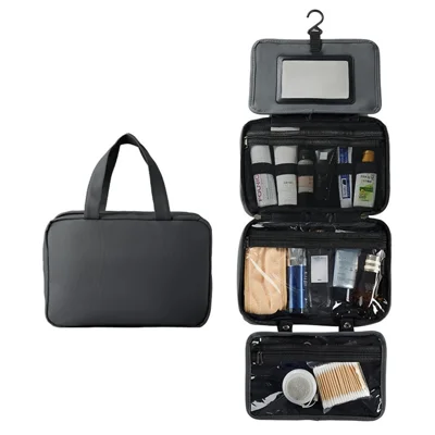 Waterproof Travel Toiletry Bag Built In Mirror Dry Wet Separation Foldable Cosmetic Organizer with Hanging Hook - Grey
