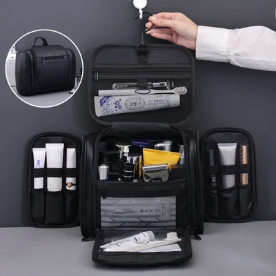 4043 4-Compartment Cosmetic Bag Waterproof Travel Toiletry Bag Large Capacity Makeup Organizer with Hook - Black