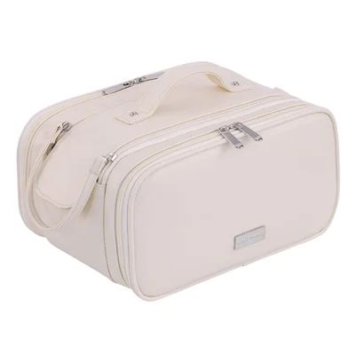 8099 Large Capacity Cosmetic Bag Portable Travel Makeup Organizer with Mesh Pockets Water-Resistant - Beige