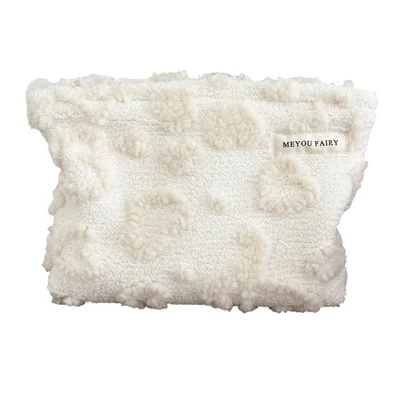 Size S Heart Pattern Soft Plush Makeup Bag Portable Cosmetic Organizer Toiletry Storage Pouch - Beige