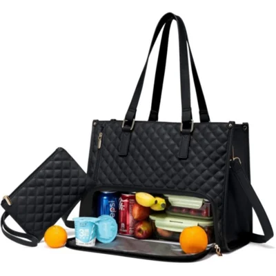 Large Capacity Lunch Handbag Insulated Leakproof Crossbody Computer Bag with Card Wallet for Travel Work School - Black
