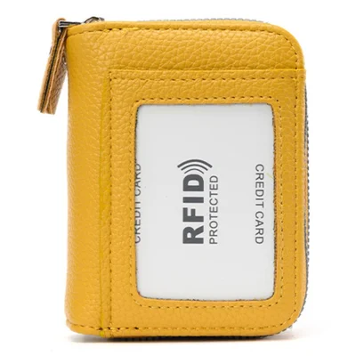 RFID Blocking Wallet Card Holder Double Zipper Coin Purse Anti Theft Credit Card Case Accordion Organizer - Yellow