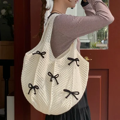 Lazy Vintage Knit Bag Bow Crochet Large Capacity Daily Shoulder Tote Bag - Apricot