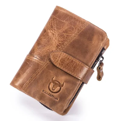 BULLCAPTAIN 01 Vertical Top Layer Cowhide Men Wallet Detachable Zipper Pocket Design Coins Cards Cash Holder Bag - Brown