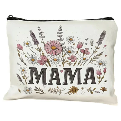 Portable Canvas Makeup Bag Letter MAMA Floral Pattern Cosmetic Pouch Travel Toiletry Organizer