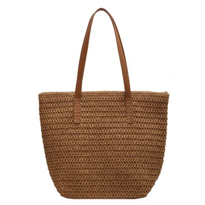 Bolso de paja tejida con capacidad grande, asa de PU, cierre de cremallera, bolso de playa para viaje y compras - Khaki