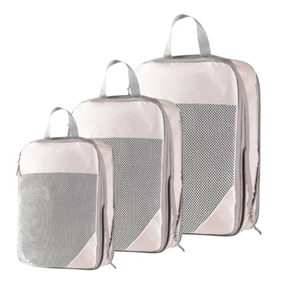 3Pcs Travel Packing Cubes Set with Compression Mesh Panel Hand Press Compression Storage Bag Set for Luggage Organization - Beige