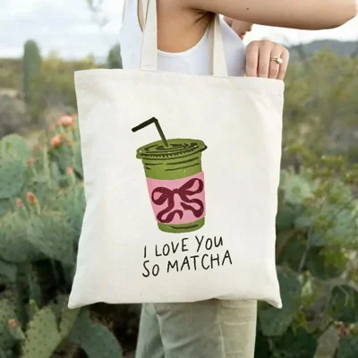 35x40cm Canvas Tote Bag Letter I LOVE YOU SO MATCHA Print Reusable Shoulder Bag for Student School Commute Work