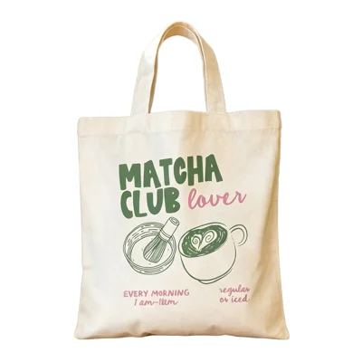 35x40cm Canvas Tote Bag Letter Matcha Club Print Reusable Shopping Shoulder Bag for School Work Commute