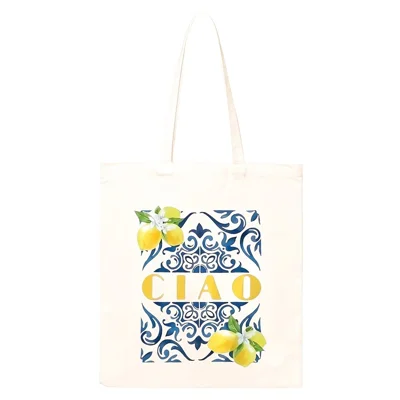 35x39cm Large Capacity Canvas Tote Bag Reusable Multi-Functional CIAO Lemon Print Shoulder Bag for Shopping Travel