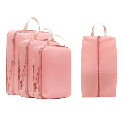 4Pcs/Set Travel Compression Packing Bags Waterproof Clothes Storage Organizer for Luggage Suitcase - Pink