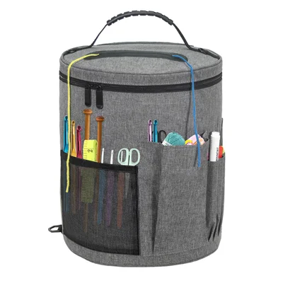Round Knitting Bag Yarn Storage Bag 4 Grommets Portable Crochet Bag with Shoulder Strap - Gray