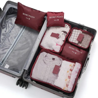 6Pcs / Set Travel Storage Bags Set Oxford Cloth Packing Cubes Mesh Bags for Luggage Organization - Wine Red
